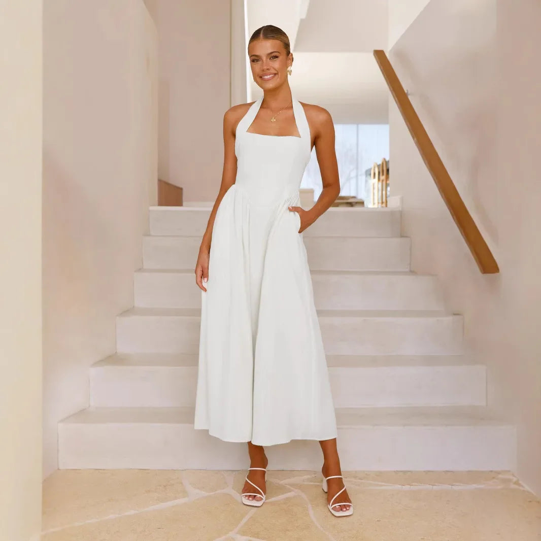 Waist Little Black Halter Neck Dress Mid Length Dress