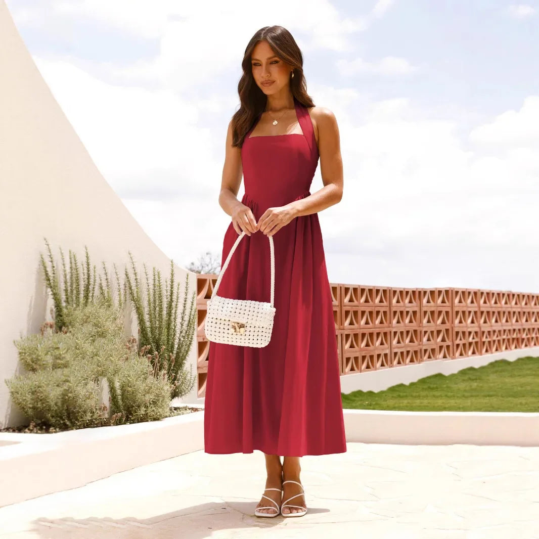 Waist Little Black Halter Neck Dress Mid Length Dress